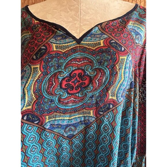Tolani Silk Plus 1X Colorful Tunic 100% SILK V-Neck High-Lo Blouse Long Sleeve - Picture 4 of 9